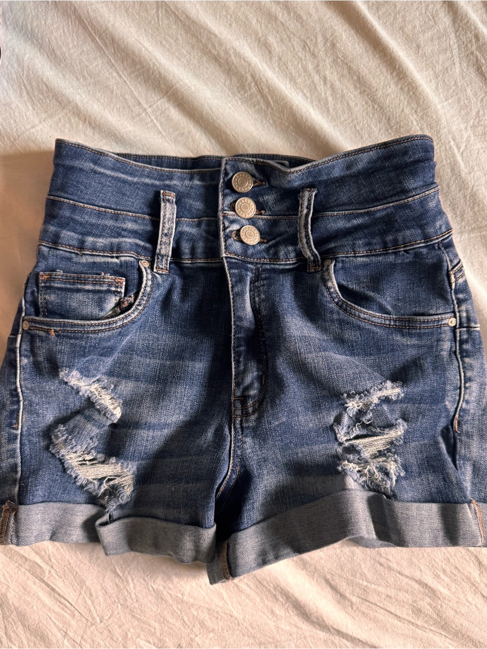 refuge Triple-Button Distressed Dark Blue Denim Shorts